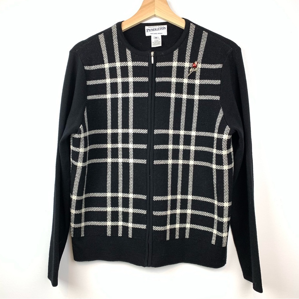 Pendleton Cardigan Merino Wool Full Zip Long Sleeve Black White Checkered Medium